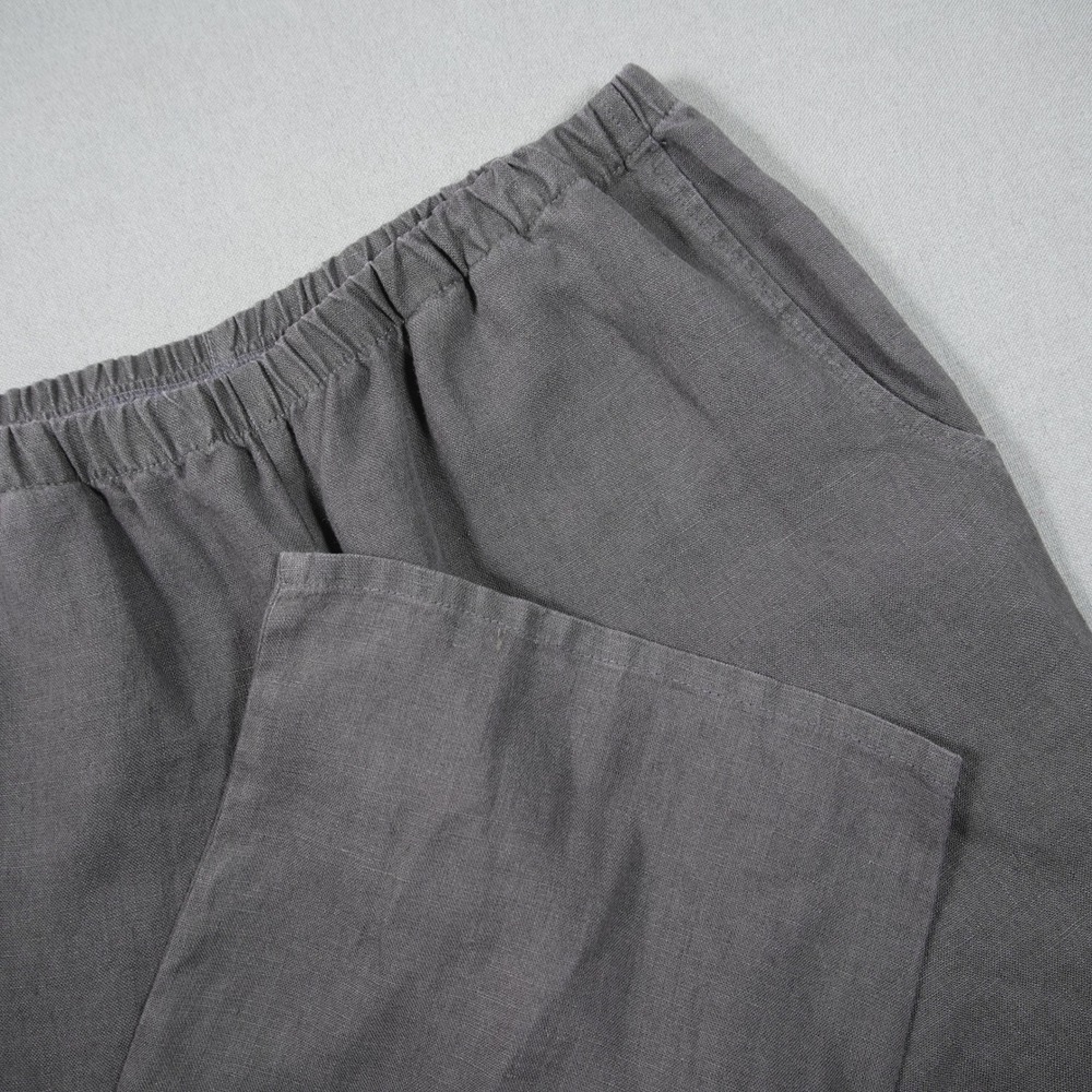 Flax Linen Wide Leg Baggy Elastic Waist Pockets Side Slit Women Pants S Boho